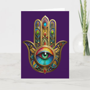 Tarjeta Ornate Color Dorado Hamsa Verde sobre Rojo Tercer 