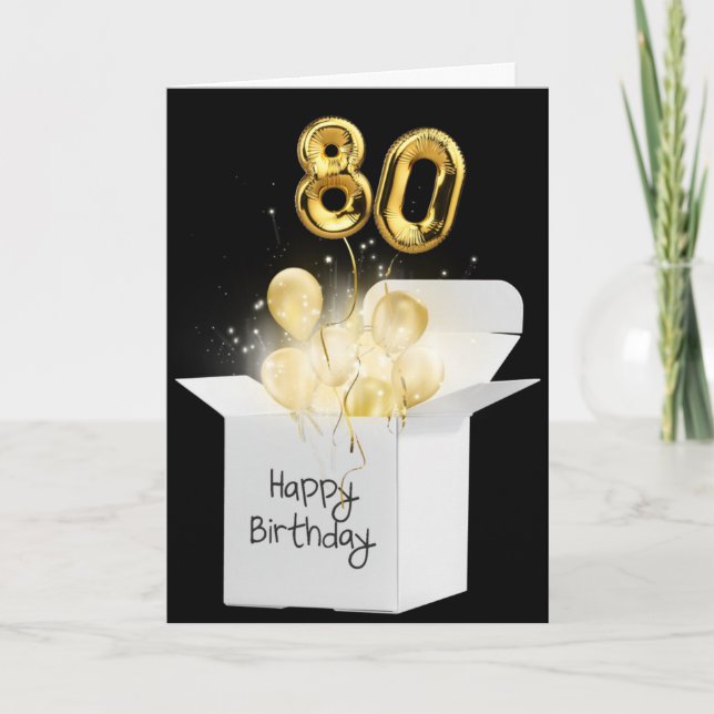 Tarjeta Oro 80 Globos de Cumpleaños en Caja Blanca (Anverso)