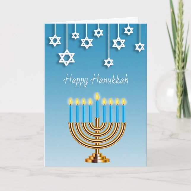 Tarjeta Oro azul y Menorah blanco Jánuca feliz (Anverso)