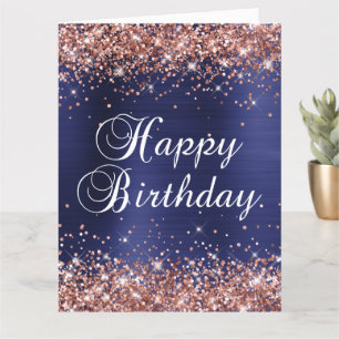 Tarjeta Oro Brillante Azul Marino Grande Feliz Cumpleaños