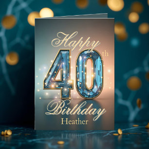 Tarjeta Oro Brillante y Piedra Preciosa Azul Cumpleaños 40