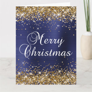Tarjeta Oro Brillo Azul Marino Foil Grande Feliz Navidad