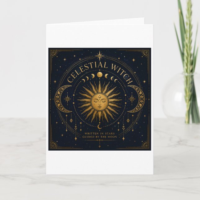 Tarjeta Oro Celestial Explosión Solar Luna y Estrellas Esp (Anverso)