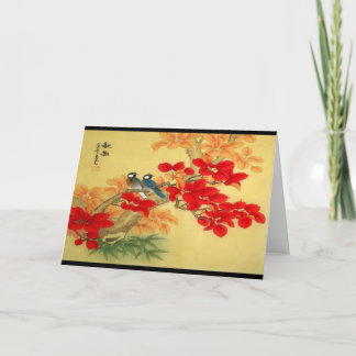 Tarjeta Oro chino y floral roja