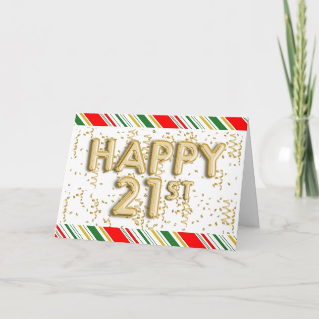 Tarjeta Oro de los Navidades Rojos y Verdes 21 cumpleaños (Anverso)