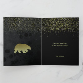 Tarjeta Oro de Navidad y cielo nocturno negro y oso dorado