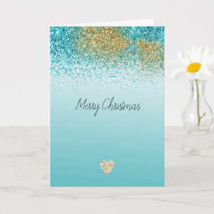 Tarjeta Oro Falso Brillo Aqua Corazón Navidad