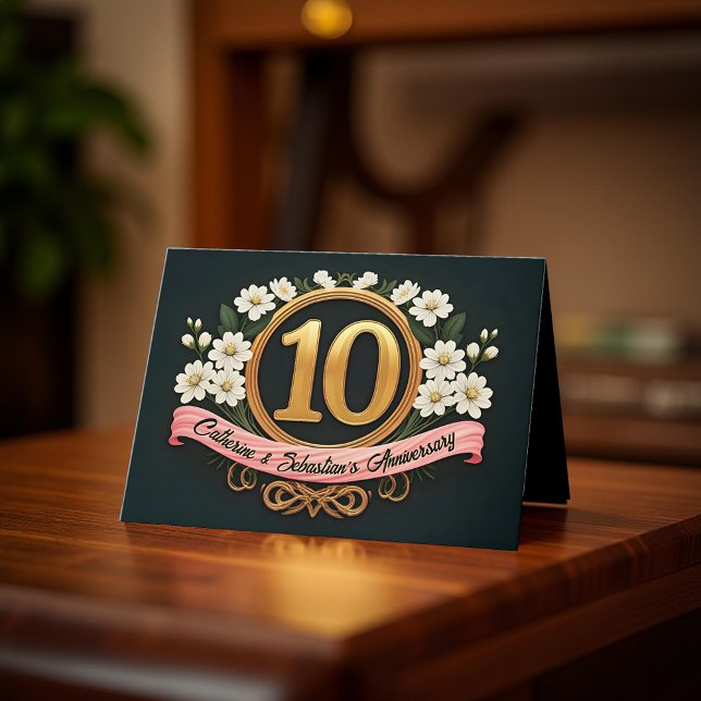 Tarjeta Oro Floral Blanco Número 10 Aniversario del Boda (Subido por el creador)