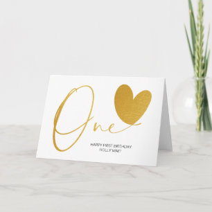 Tarjeta Oro moderno primer cumpleaños un corazón