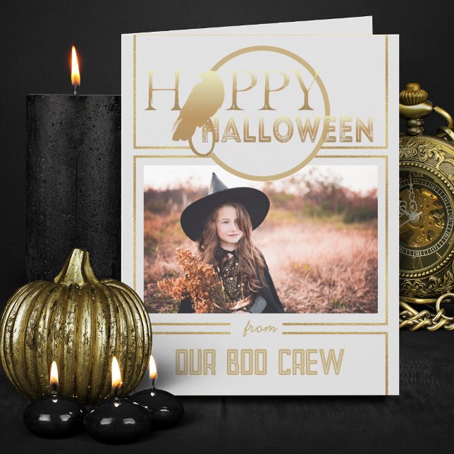 Tarjeta Oro Moderno Y Moda Blanca Adultos Feliz Halloween (Elegant white and gold Halloween invitations with photo)