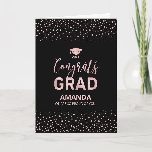 Tarjeta Oro Rosa, Black Confetti Felicitaciones Graduación (Anverso)