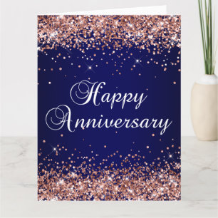 Tarjeta Oro Rosa Brillo Azul Marino Ombre Feliz Aniversari