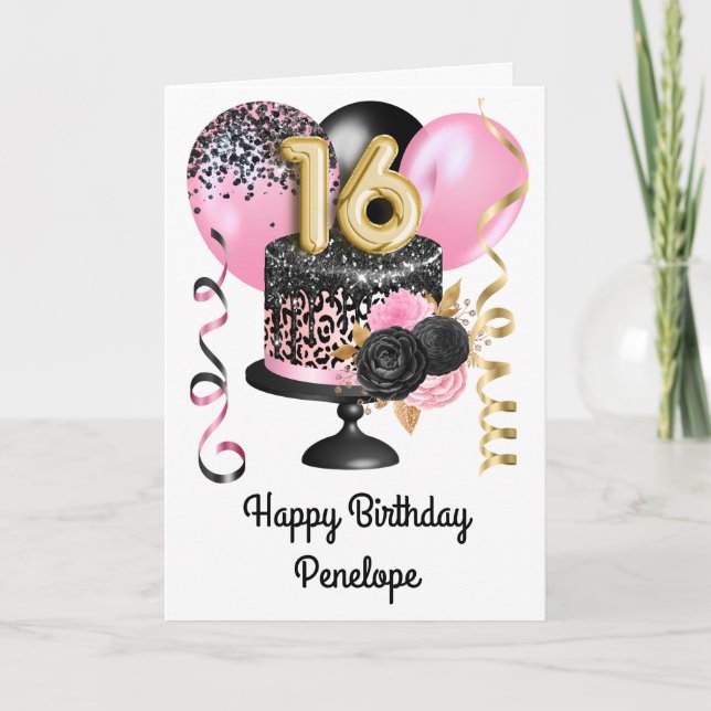 Tarjeta Oro rosado y negro 16º cumpleaños (Anverso)