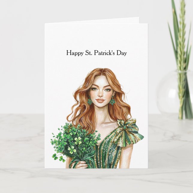 Tarjeta Oro Verde Brillo Trebol Día de San Patricio (Anverso)