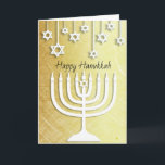 Tarjeta Oro y Menorah blanco Jánuca feliz<br><div class="desc">El oro y las estrellas blancas de David y del menorah feliz de Jánuca personalizaron la tarjeta.</div>