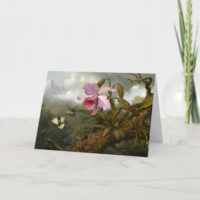 Tarjeta Orquídea Cattleya, dos colibríes y un escarabajo (Anverso)