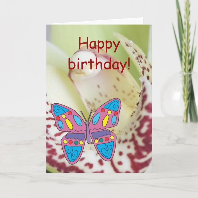 Tarjeta Orquídea, mariposa, ¡Feliz cumpleaños! (Anverso)