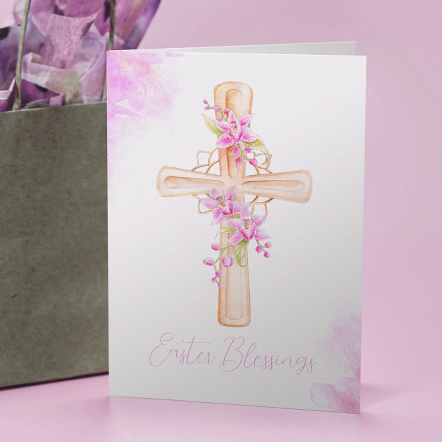 Tarjeta Orquídea rosa acuarela cruz flores Pascua (Subido por el creador)
