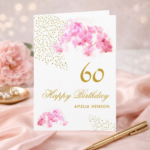 Tarjeta Orquídea Rosa Acuarela Dorado Brillante Cumpleaños