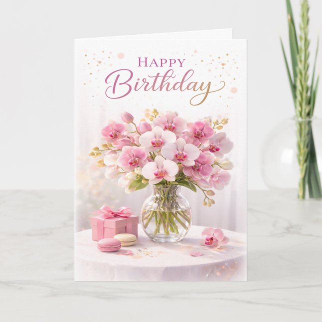 Tarjeta Orquídea Rosa Floral Elegante Cumpleaños (Anverso)