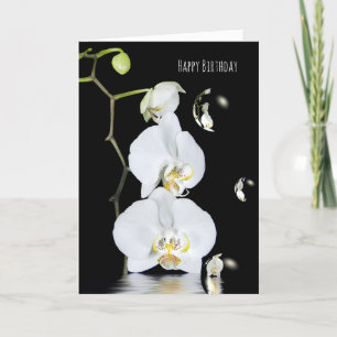 Tarjeta orquídeas blancas con cumpleaños de la reflexión