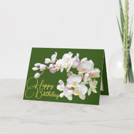 Tarjeta Orquídeas Blancas Fondo Verde Feliz Cumpleaños