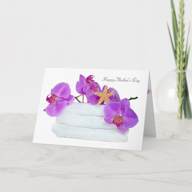 Tarjeta orquídeas en toallas blancas con estrellas Día de  (Anverso)
