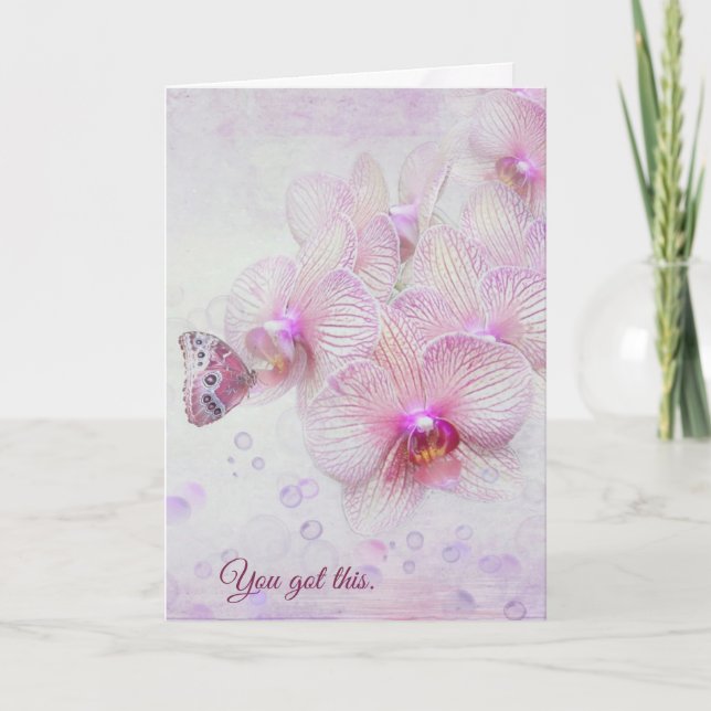 Tarjeta Orquídeas rosas y mariposas pensando en ti (Anverso)