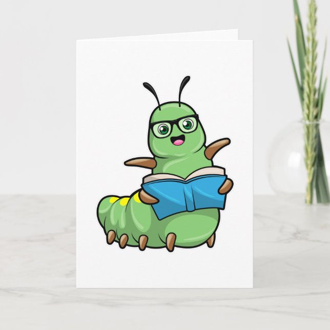 Tarjeta Oruga como nerd con libro y gafas (Anverso)