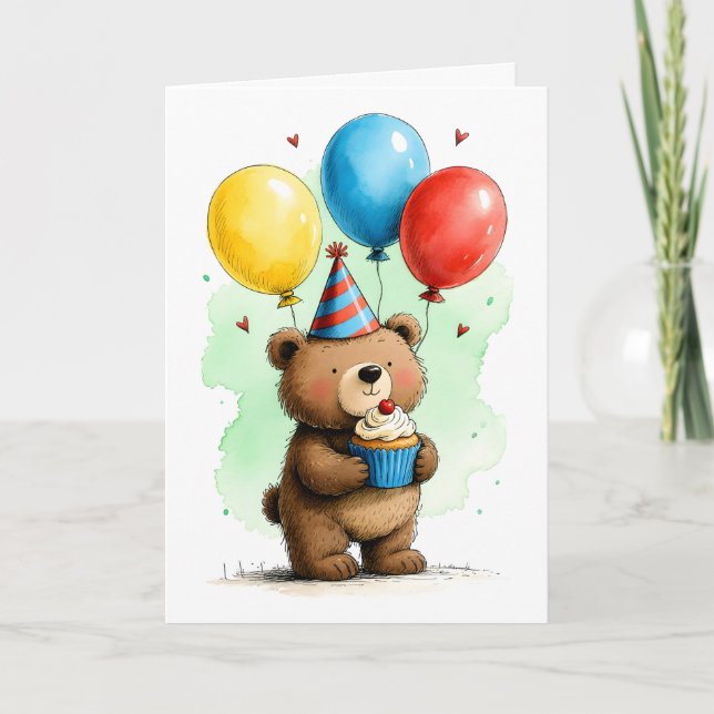 Tarjeta Osito Bebé Adorable con Cupcake Feliz Cumpleaños I (Anverso)