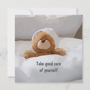 Tarjeta Osito de peluche en la cama cuida tu auto-saludo