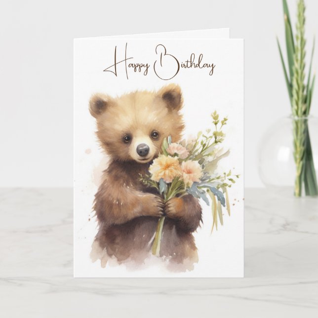 Tarjeta Oso acuarela con un Bouquet de cumpleaños (Anverso)