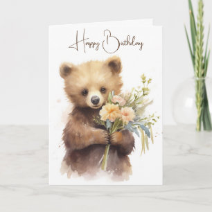 Tarjeta Oso acuarela con un Bouquet de cumpleaños