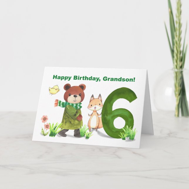 Tarjeta Oso acuarela de cumpleaños 6 y Fox (Anverso)