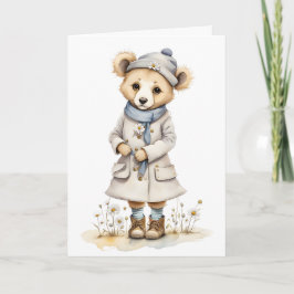 Tarjeta Oso Adorable con Abrigo Sombrero Bufanda Botas Mar