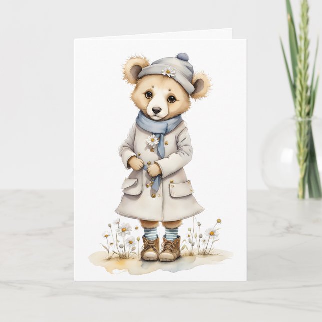 Tarjeta Oso Adorable con Abrigo Sombrero Bufanda Botas Mar (Anverso)