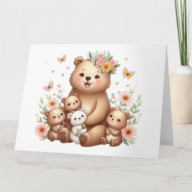 Tarjeta Oso adorable de mamá con cuatro cachorros (Anverso)