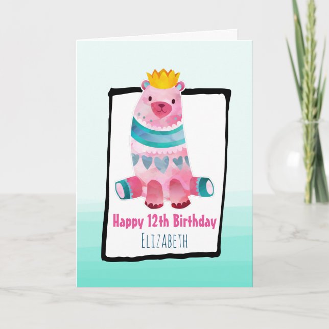 Tarjeta Oso Caprichoso con Corona Feliz Cumpleaños (Anverso)