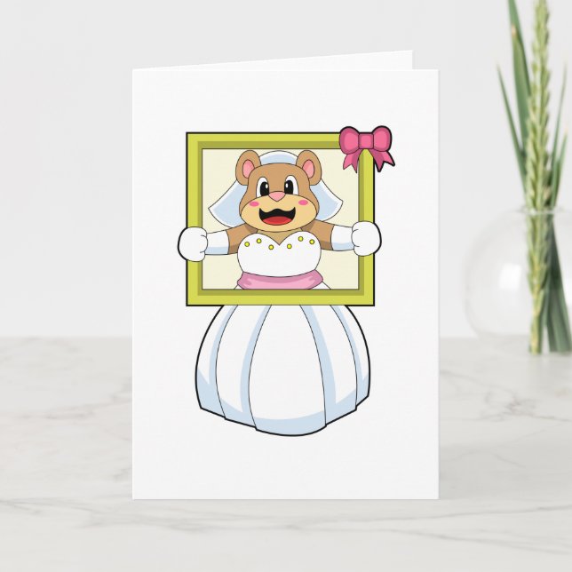 Tarjeta Oso como novia con vestido Boda y marco de imagen. (Anverso)