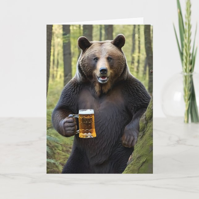 Tarjeta Oso Con Cerveza En Woods (Anverso)