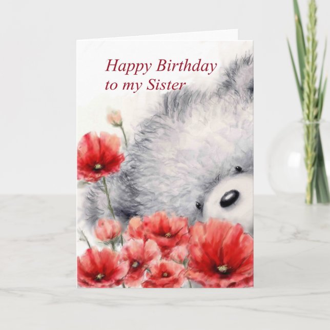 Tarjeta Oso con flores rojas, hermana del cumpleaños feliz (Anverso)
