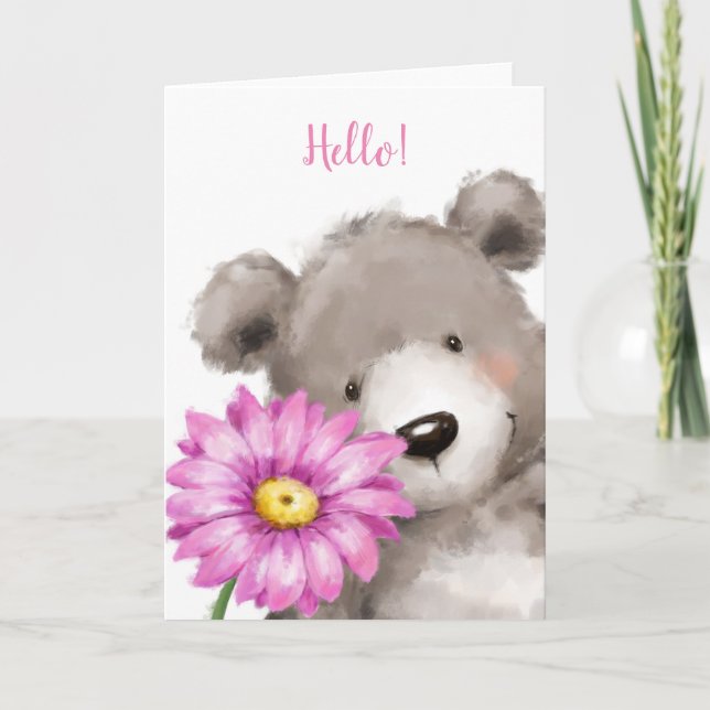 Tarjeta Oso con una flor rosa diciendo Hola. (Anverso)
