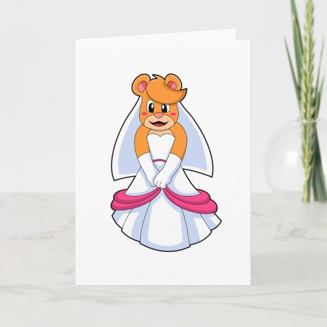 Tarjeta Oso con vestido Boda y velo (Anverso)