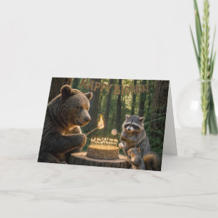 Tarjeta Oso de cumpleaños asando malvaviscos sobre una tar