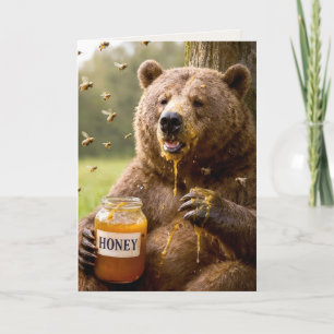 Tarjeta Oso de cumpleaños comiendo miel de un frasco