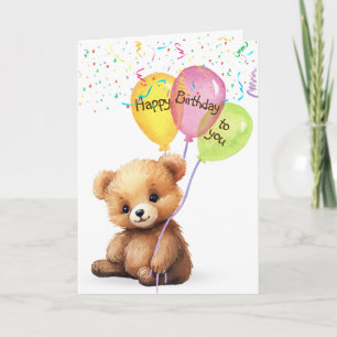 Tarjeta Oso de cumpleaños con globos y confetti