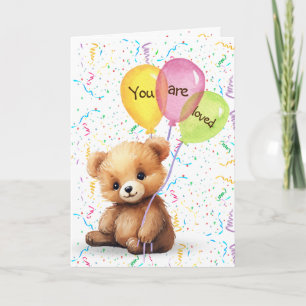 Tarjeta Oso de cumpleaños con globos y confetti