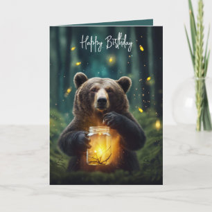 Tarjeta Oso de cumpleaños con luciérnagas en frasco