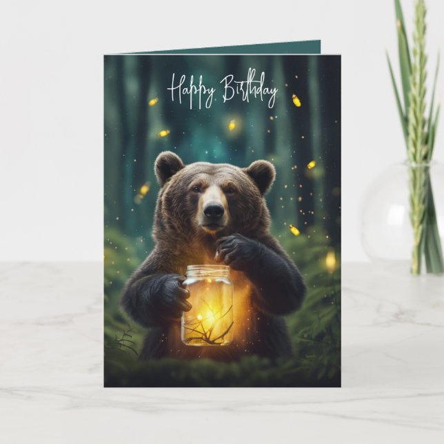 Tarjeta Oso de cumpleaños con luciérnagas en frasco (Anverso)