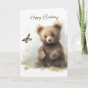 Tarjeta Oso De Cumpleaños De Acuarela Con Mariposa
